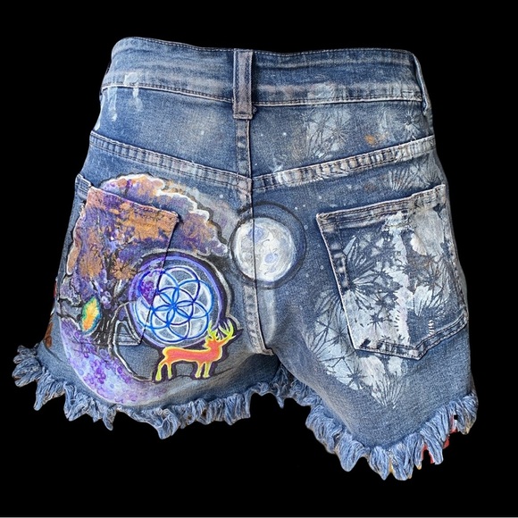 Upcycled Denim Shorts Unique Skater Streetwear Y2K Painted Embroidered Art Wear - Picture 1 of 11